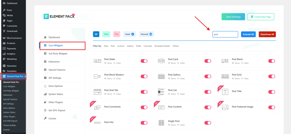 core widget search