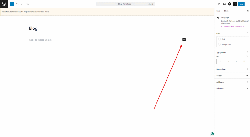 Click the + icon to add blocks.