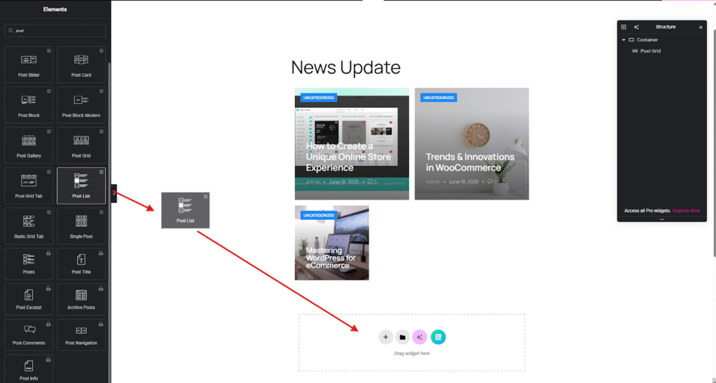 Drag and drop your essential post widget in the container