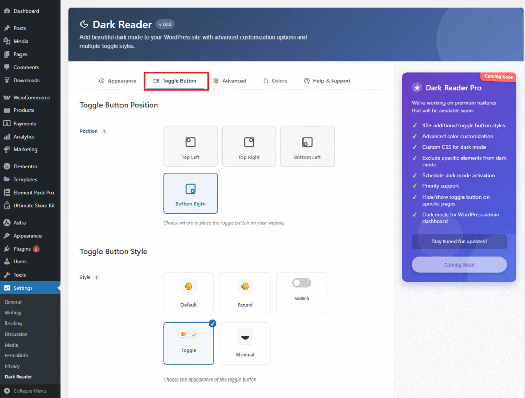 a screenshot of toggle button style