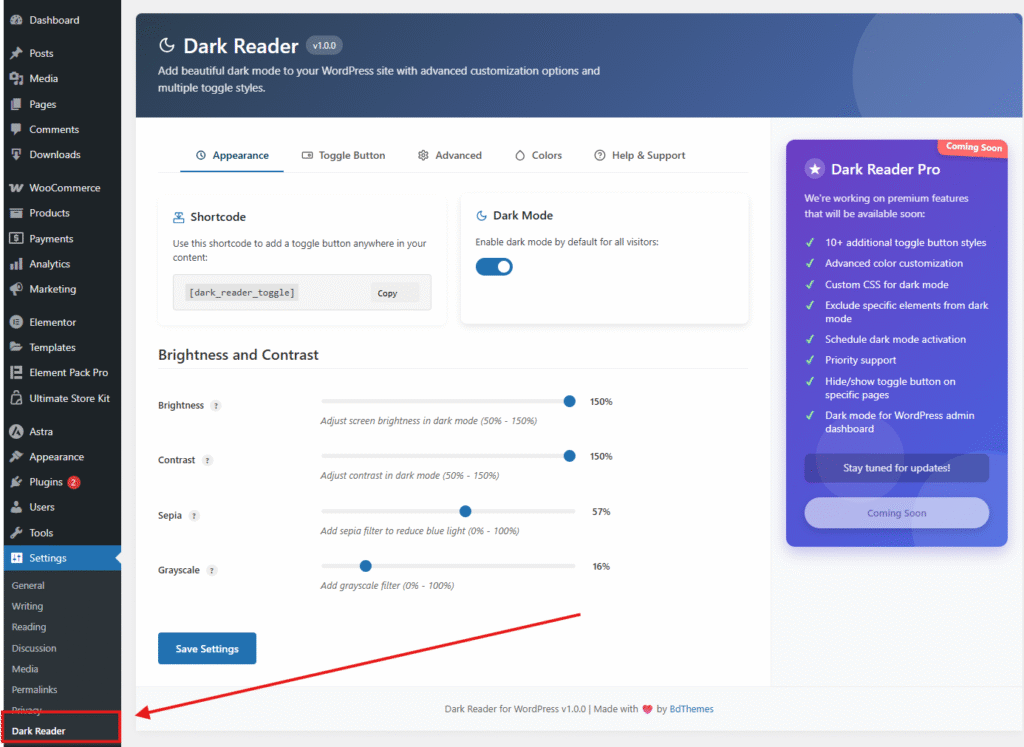 a screenshot of Go to Settings > Dark Reader.