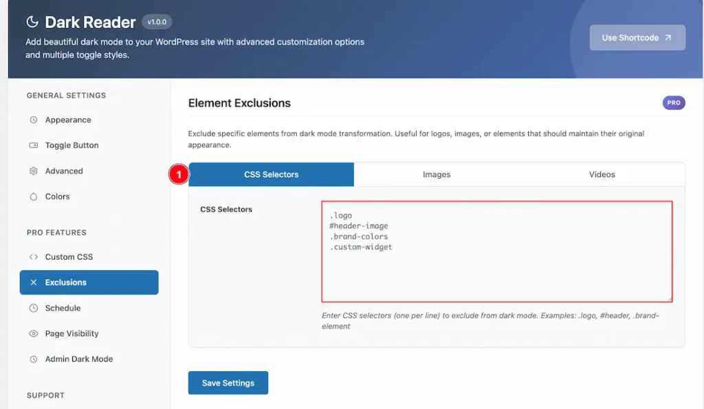 Exclusions Tab Section