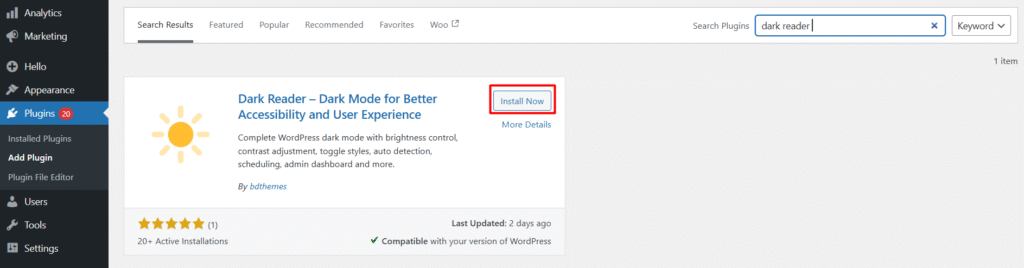 install and activate dark reader