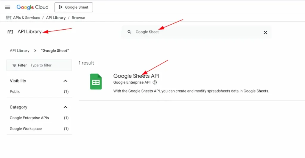Select the Google Sheets API