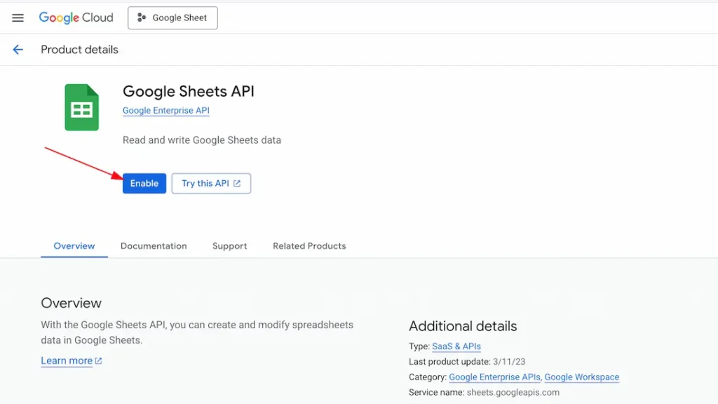 Enable The Google Sheets API