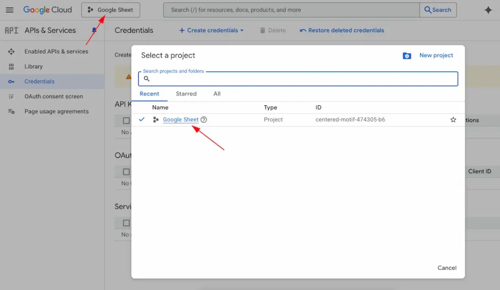 Select The Created Project