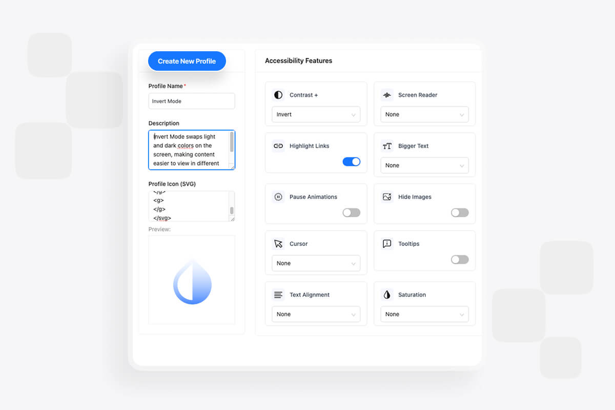 User accessibility profiles creation interface showing profile management tools, custom features, and accessibility settings configuration panel with various toggle options