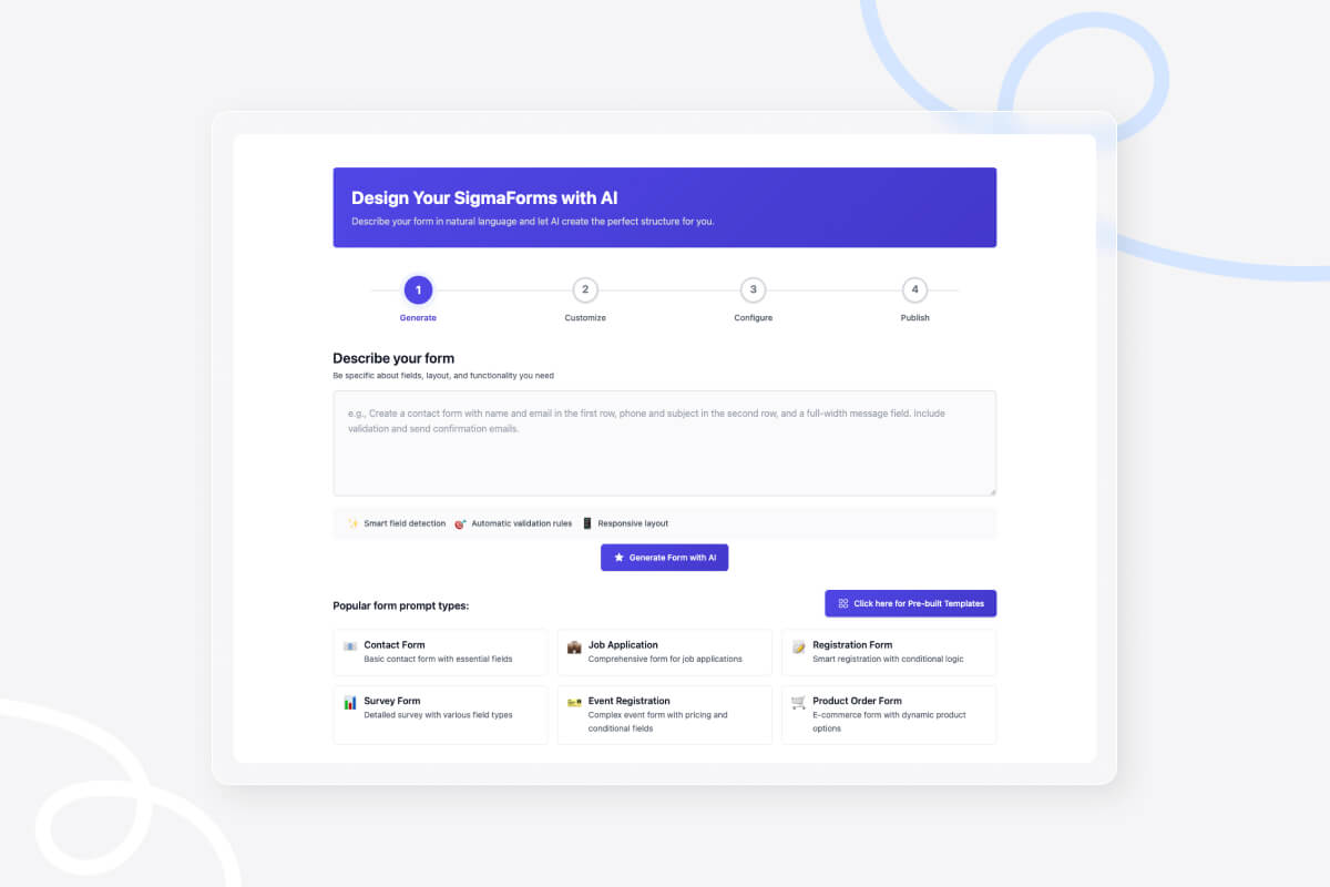 AI form design wizard interface with description field, smart form discovery, and popular preset templates including contact forms, surveys, and registration forms