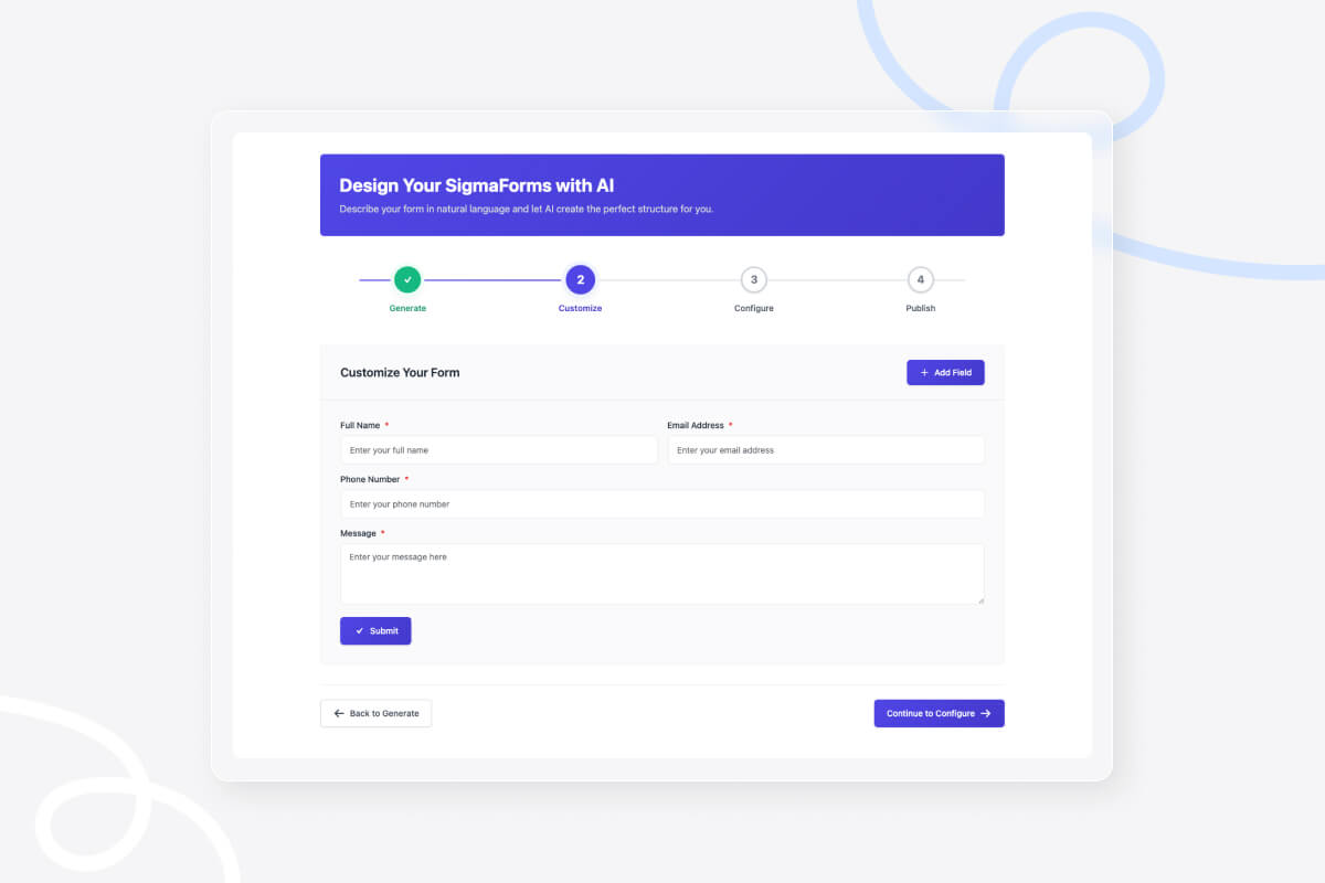 AI form customization step showing input fields for full name, phone number, email address, and message with submit and configuration options