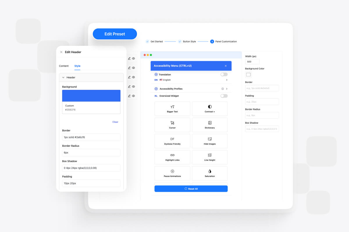 Customizable accessibility presets interface showing step-wizard setup process with predefined conditions, content configuration options, and header/footer layout settings.
