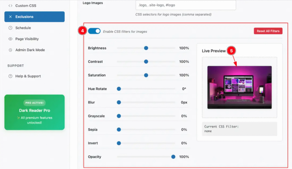 Apply custom filters to images and videos in dark mode
