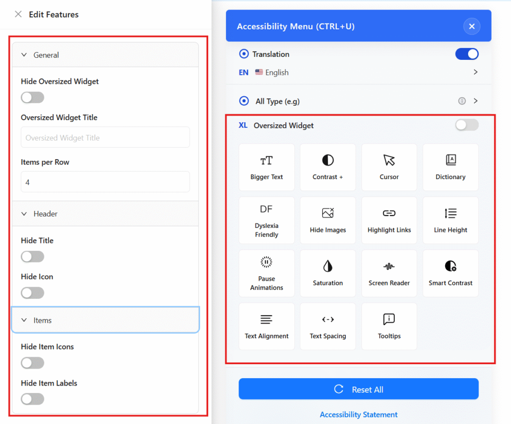 set features in accessibility menu