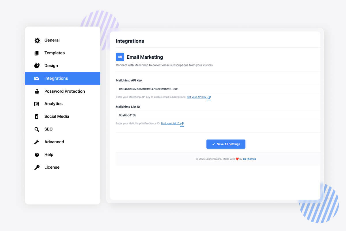 Email marketing integrations page showing Mailchimp API configuration fields and connection setup options.