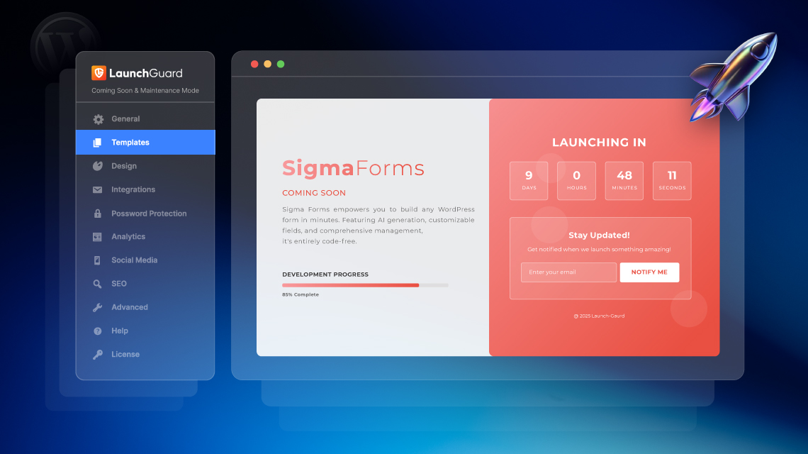 LaunchGuard dashboard showing SigmaForms coming soon page with countdown timer and email signup form.