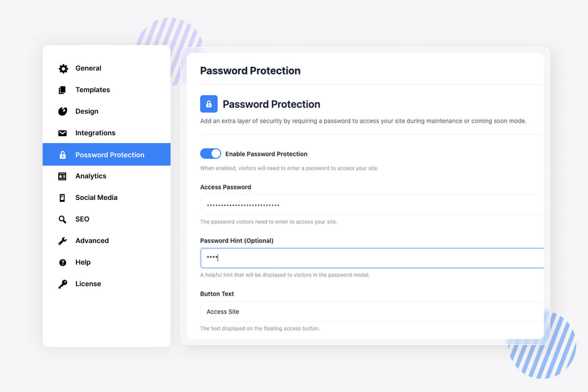 Password protection settings with toggle switch, access password field, and security configuration options.