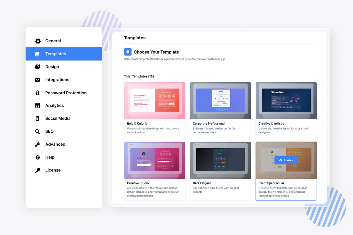 Templates selection page displaying six different website template options including corporate and creative designs.