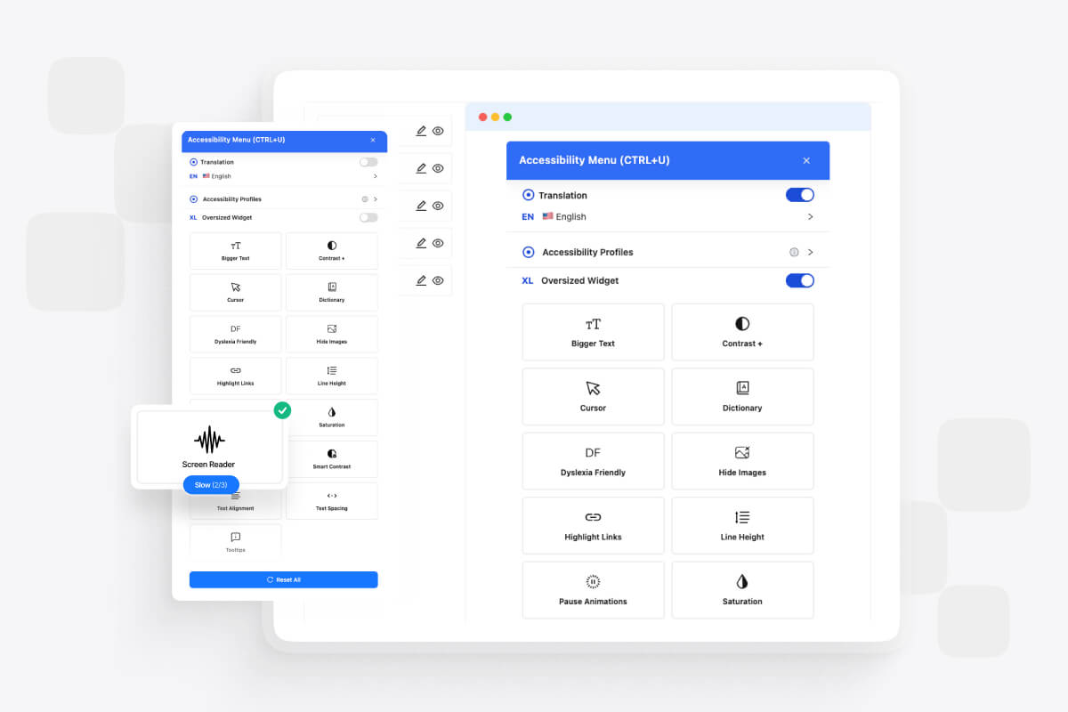 Text-to-speech accessibility feature interface with natural voices, adjustable reading speed, document format support, and synchronized text highlighting.