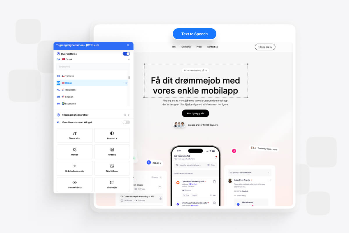 Translation feature interface displaying 100+ language options with intuitive switcher, real-time translation, and automatic machine translation capabilities.