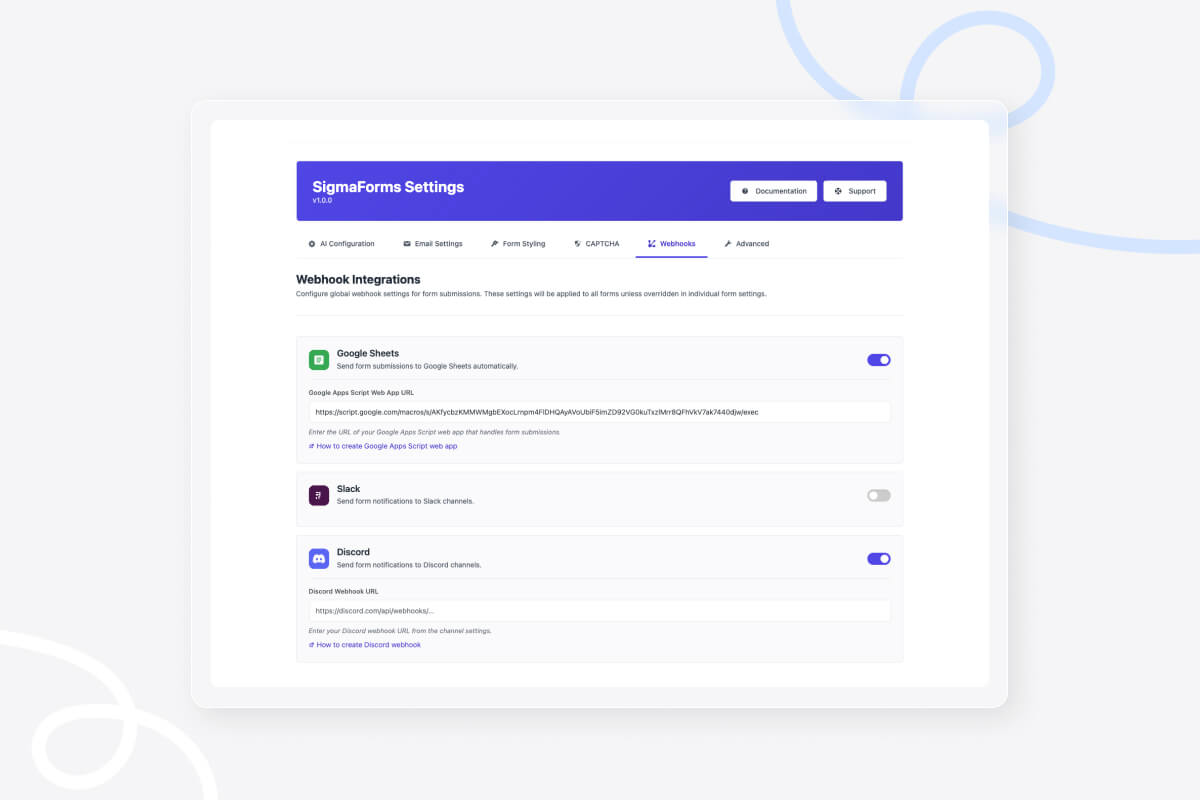 Webhook integrations settings displaying enabled connections to Google Sheets, Slack, and Discord with configuration URLs and toggle switches for each service