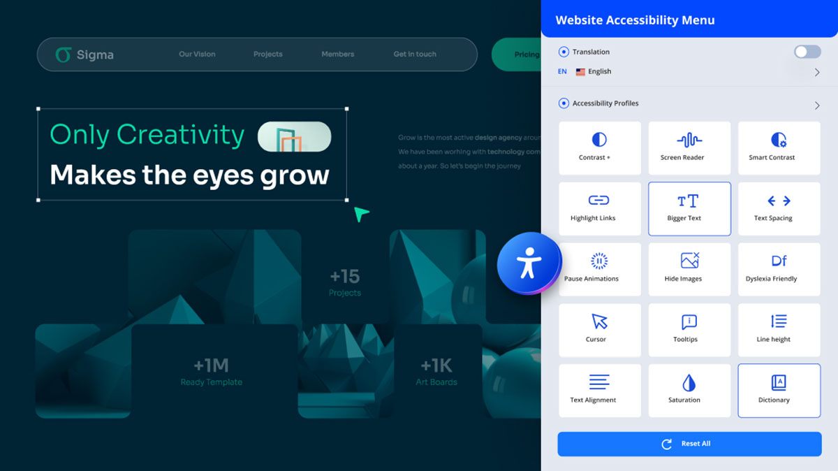 Website accessibility menu panel displaying translation options and accessibility tools like contrast, text sizing, and screen reader features