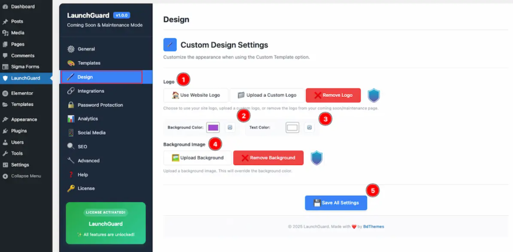 Navigate to Launch Guard → Design to access advanced customization options for your WordPress coming soon page