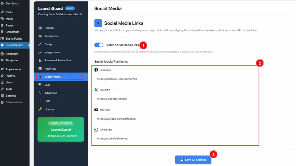 Social media links configuration interface