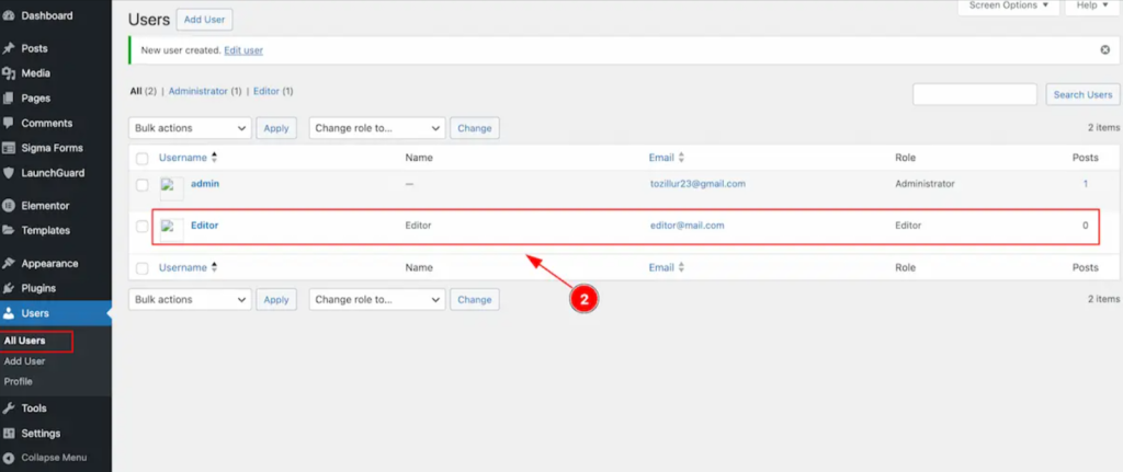 User management interface with editor highlighted