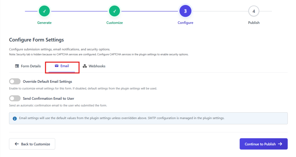 security options from the Email tab
