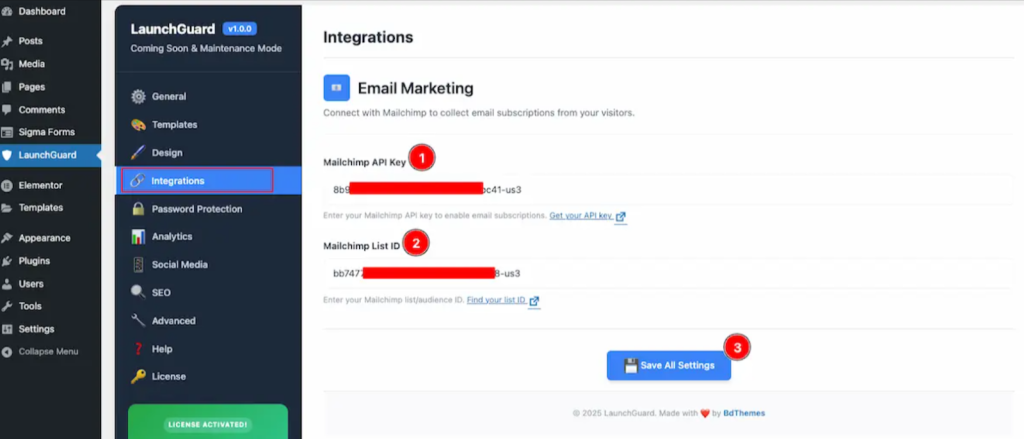 Email marketing integration settings page
