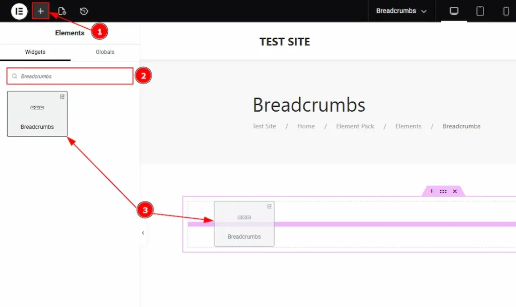 Inserting the Breadcrumbs widget