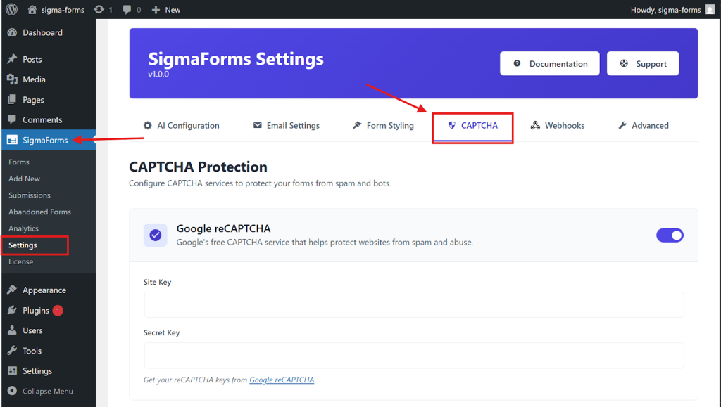 Integrate reCAPTCHA with Contact Form Plugin (Sigma Forms)