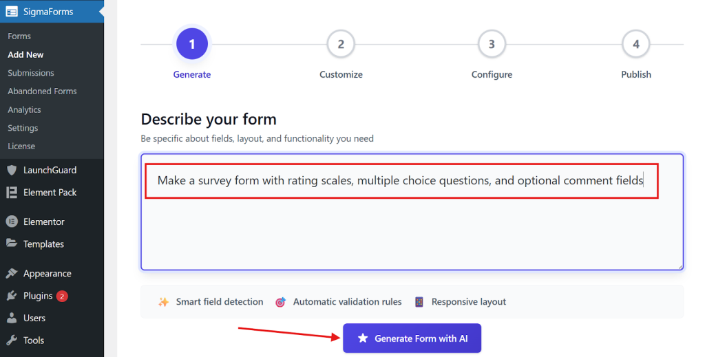 A prompt will generate in the AI input field