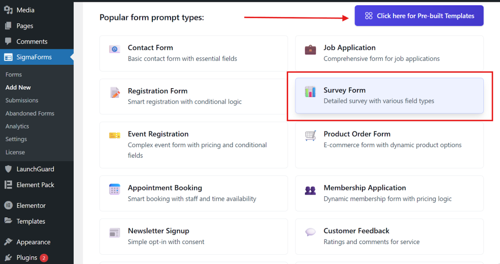 Choose the Survey Form template