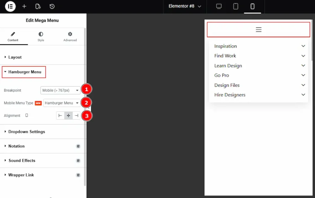Hamburger Menu Section