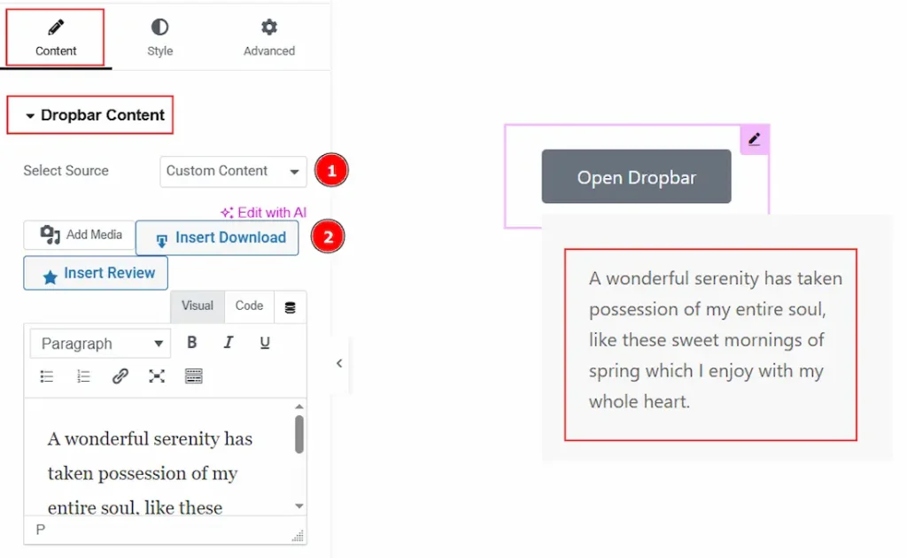 Dropbar Content Section