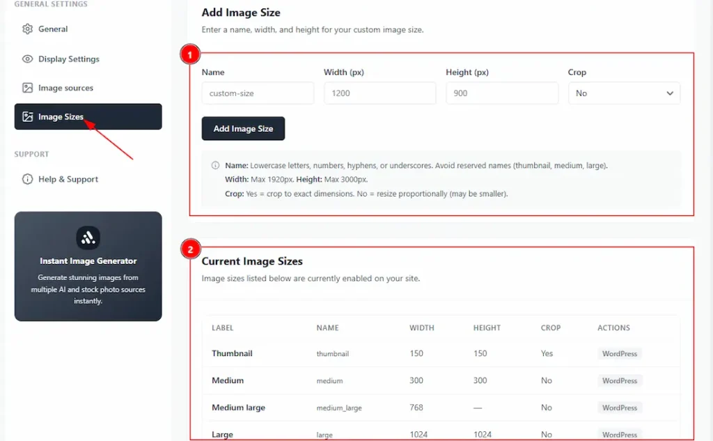 Image Sizes Tab