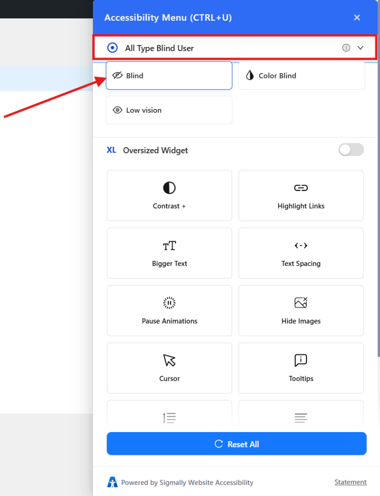 choose a profile based on their hearing impairment by pressing the accessible button on the front of the website
