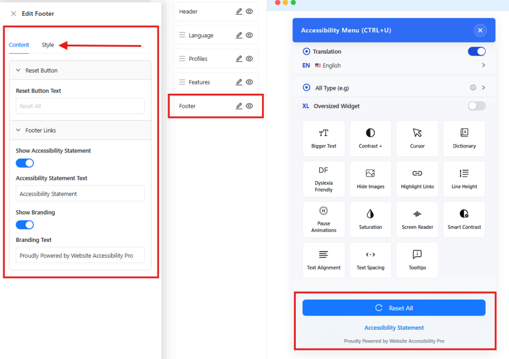 modify the Reset Button Text and footer content and color, go to the Footer option