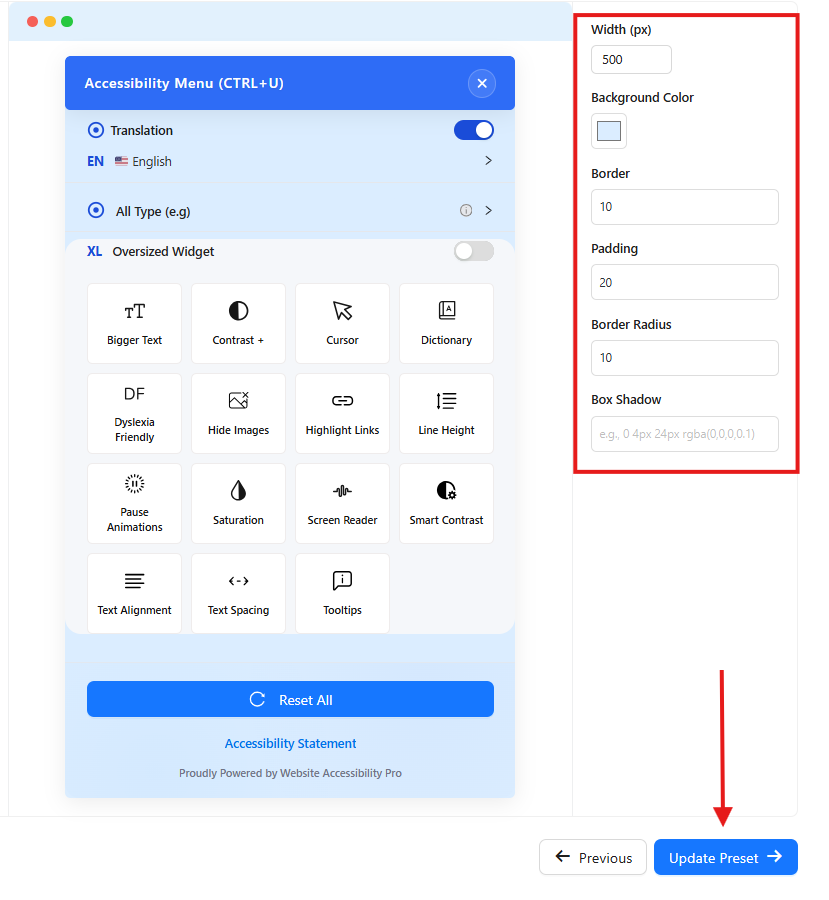 using the options on the right side, we customized the Width, Background Color, Border, Padding, Border Radius, and Box Shadow of the accessible dashboard
