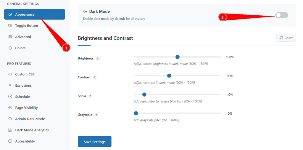 Turn this toggle ON to have your website load in dark mode by default for all new visitors