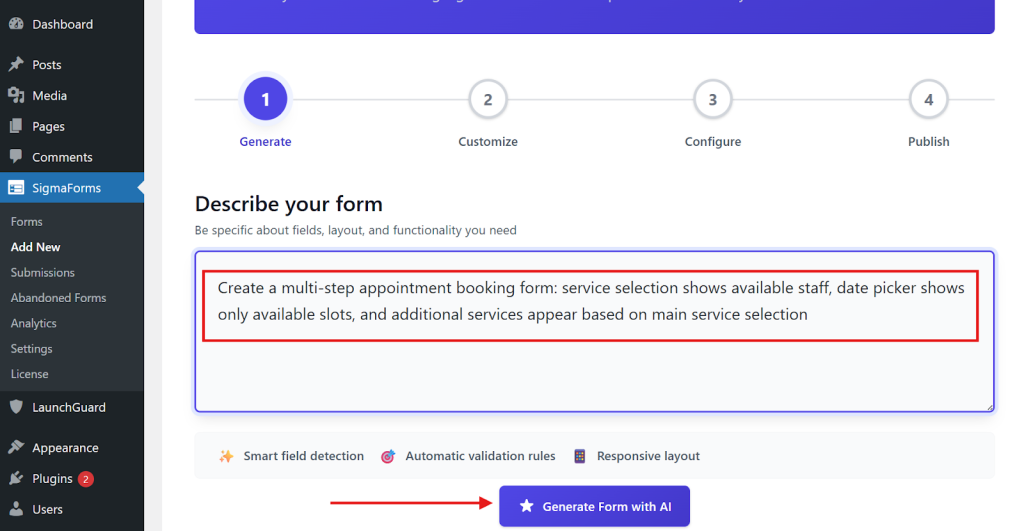 click on the Generate Form with AI button