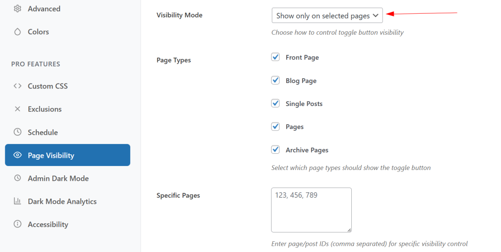 Show only on selected pages