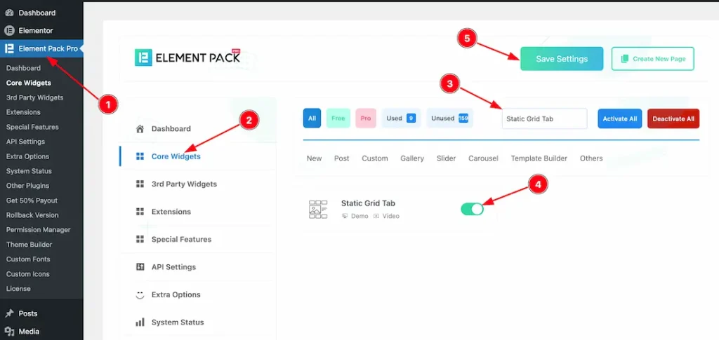 How to use the Static Grid Tab widget by Element Pack