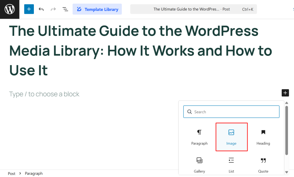 accessing media library from block editor