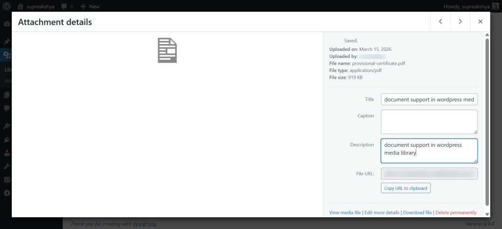 document support in wordpress media library