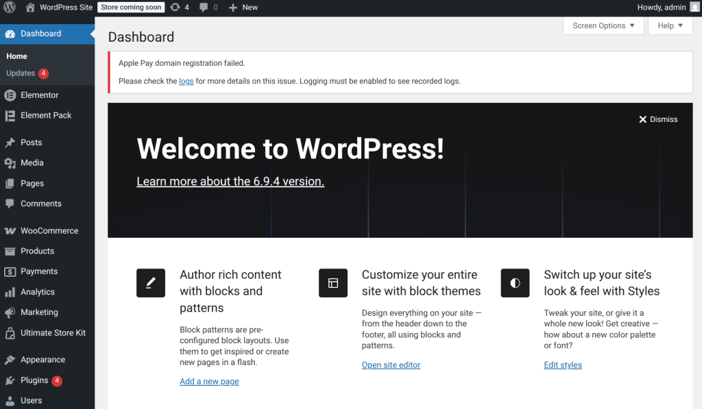 WordPress dashboard with various options