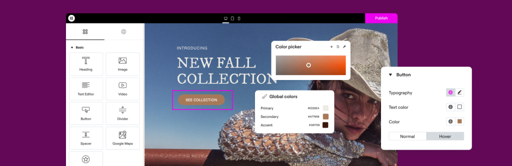 Website design interface with color options