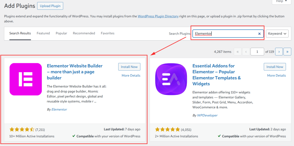 WordPress plugin search for Elementor