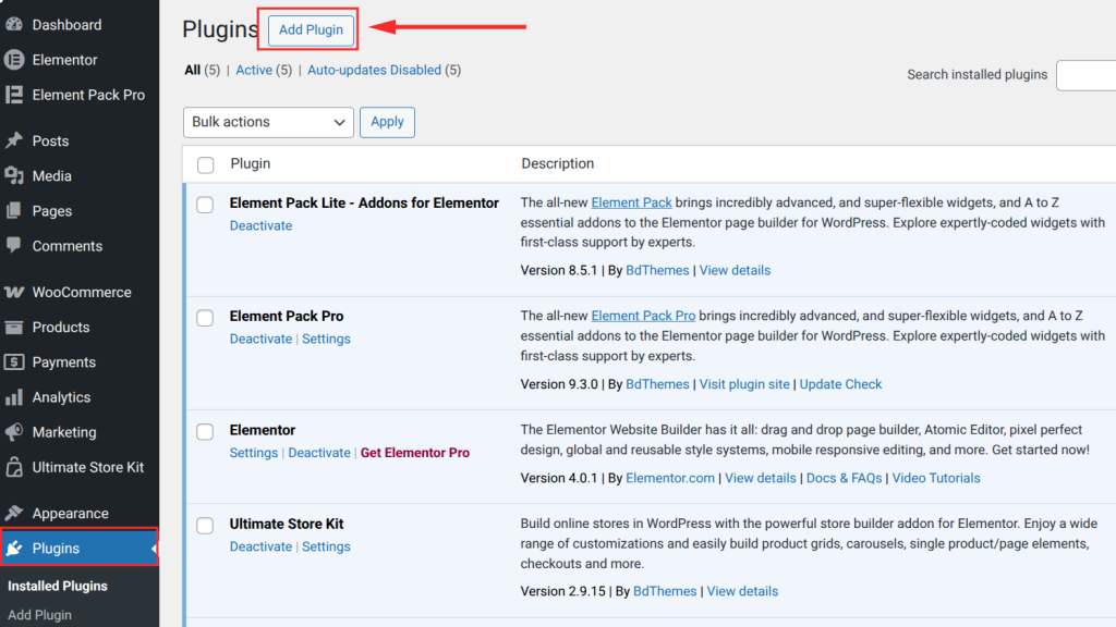 WordPress plugins management interface screenshot