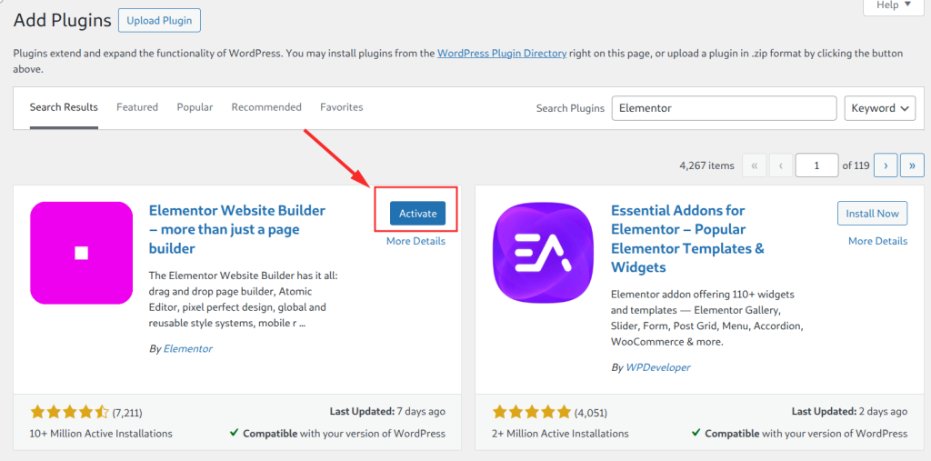 WordPress plugin activation interface screenshot